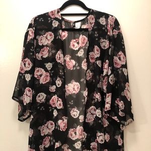 Floral Black Sheer Open Cover Up Cardigan Small